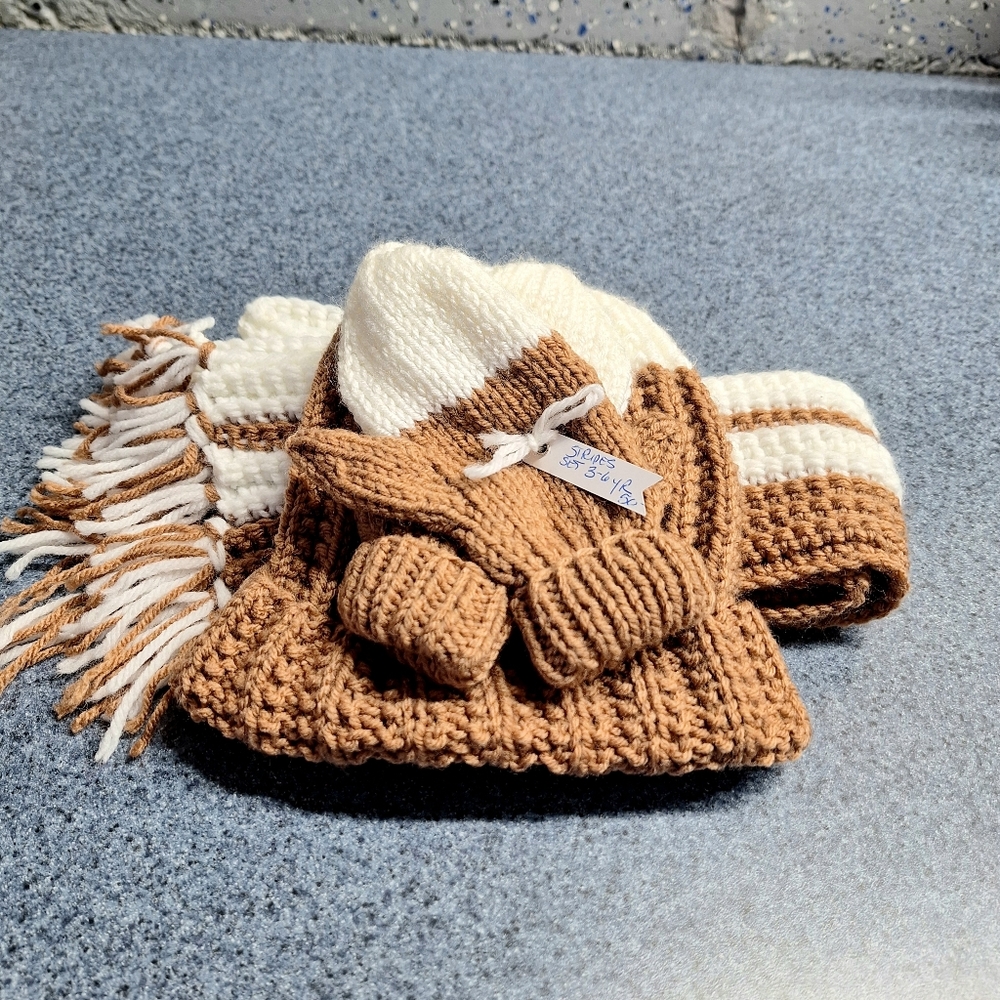 Handmade Crocheted "Stripes" Hat, Scarf, Gloves Set, Child 3-6 Years, NWT